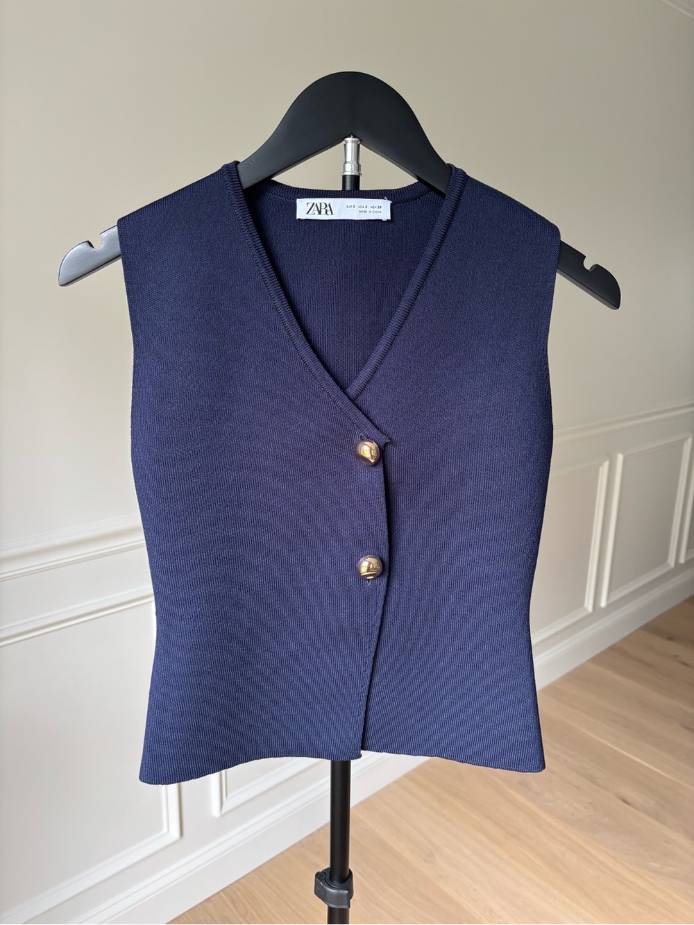 Zara Navy Knit Sleeveless Vest with Gold Buttons